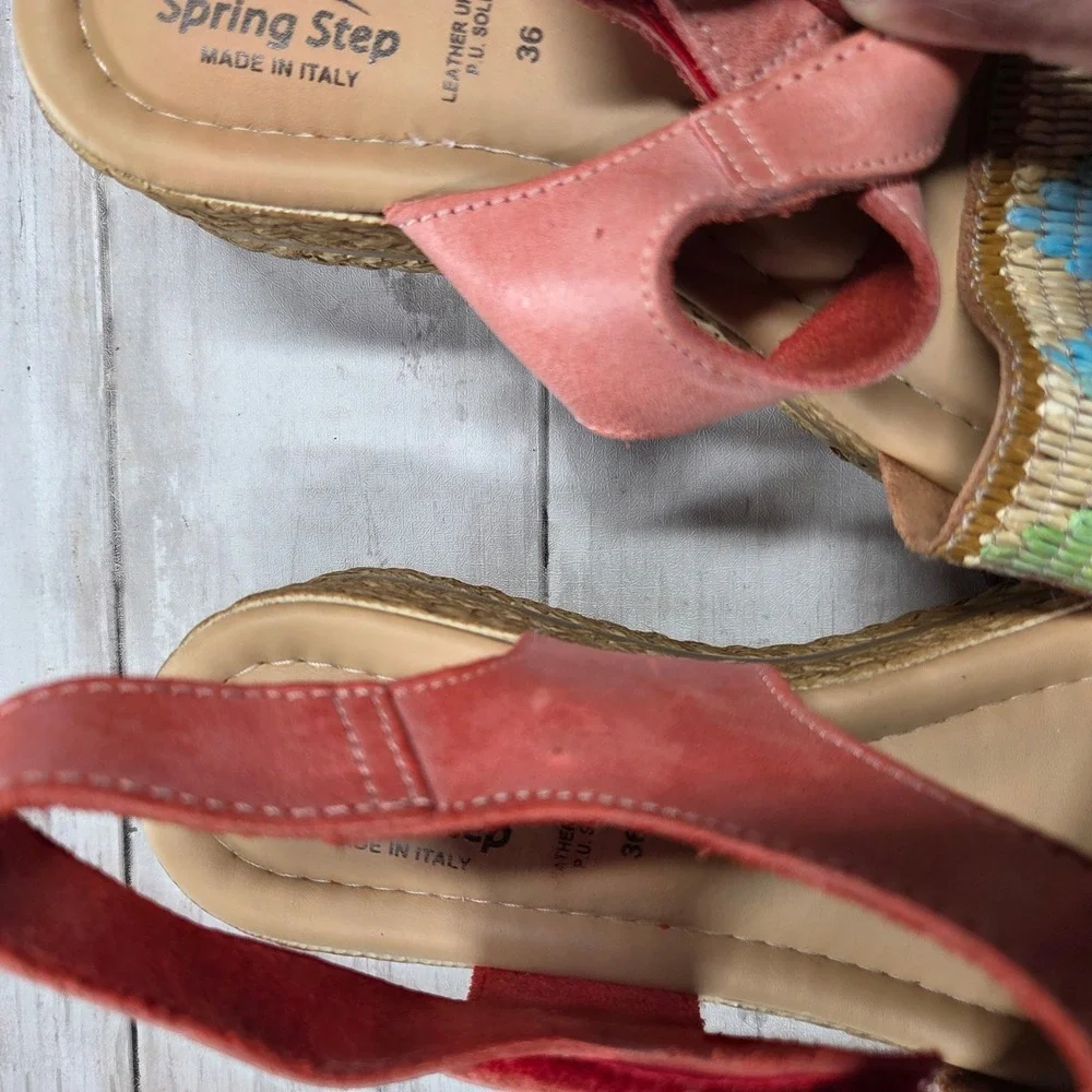 Spring Step Woven Platform Sandal Espadrille Women 36 Coral Pink Multi Leather
